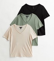 New Look 3 Pack Stone Green and Black V Neck T-Shirts